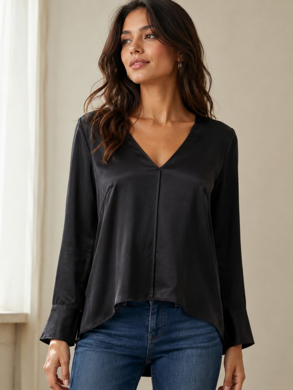 Rails Black V-Neck Long Sleeve Satin Blouse